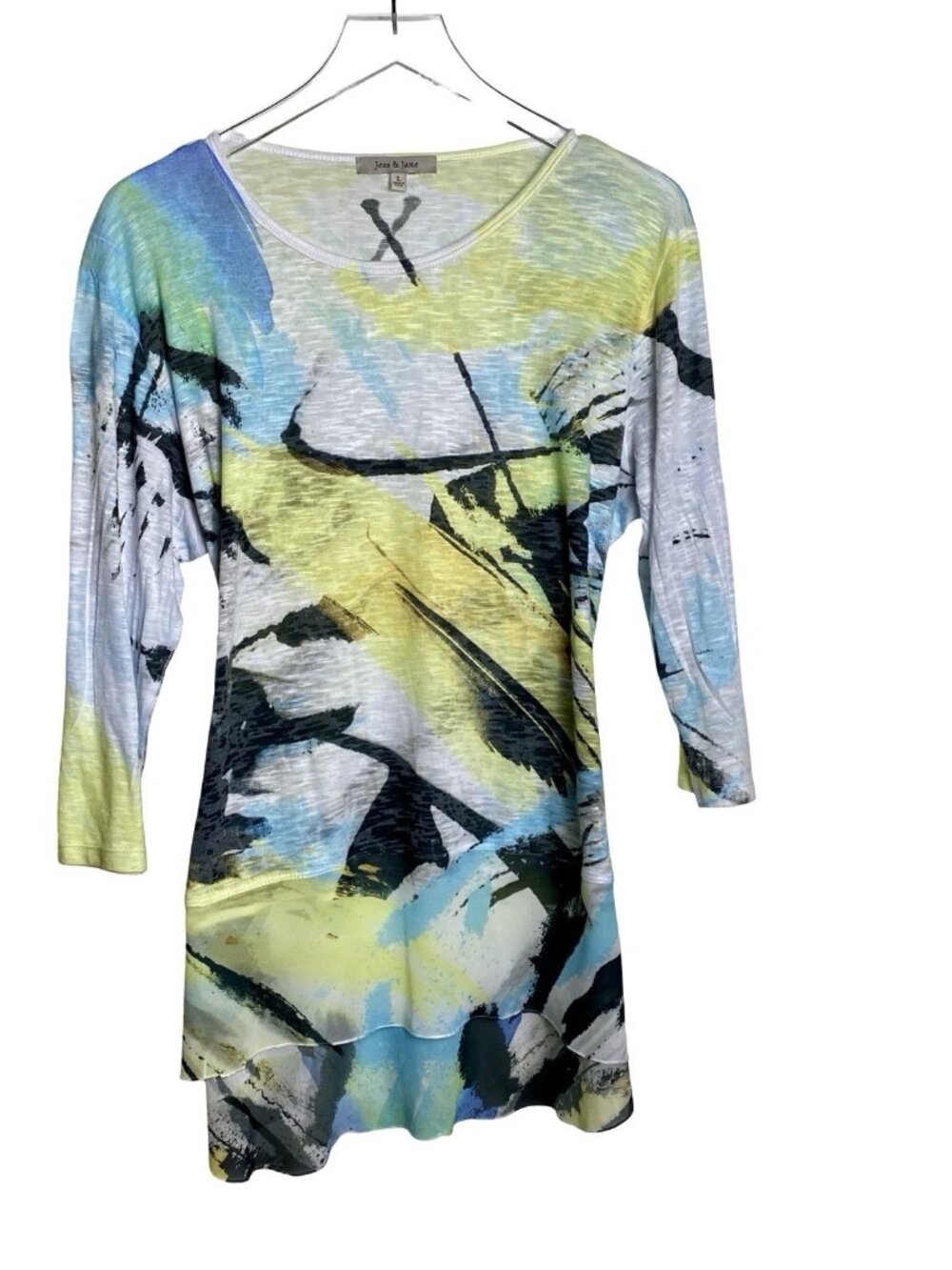Jess & Jane Size L Yellow Blue Abstract Print Tunic Top 3/4 Sleeves Ruffle Hem